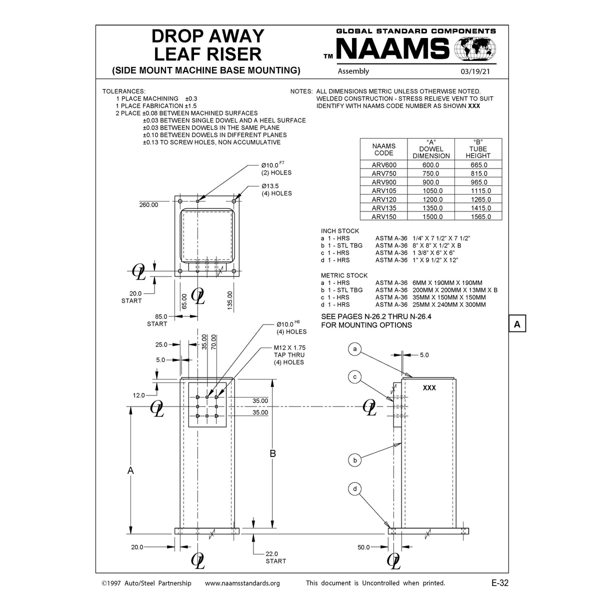 NAAMS ARV150 Drop Away Leaf Riser (Side Mount Machine Base Mounting) w ...