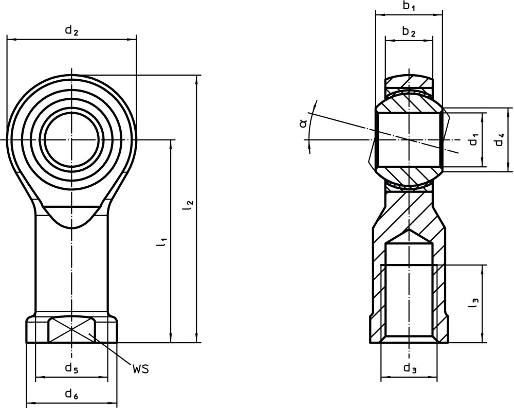 Halder 22982.0226 Rod End, DIN 12240-4, with female thread/left hand thread Ø 6 / 30 free cutting steel