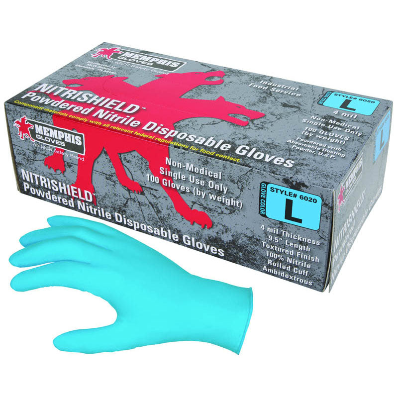 Memphis KB516015XL NitriShield Gloves - 4 mil Blue Nitrile Industrial/Food Service Grade - Textured Grip - Powder Free - Box of 100 - Size X-Large