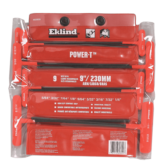 Eklind KM5060809 9 Pieces-5/64"-1/4" T-Handle Style - Ball End Hex Key Set with Cushion Grip