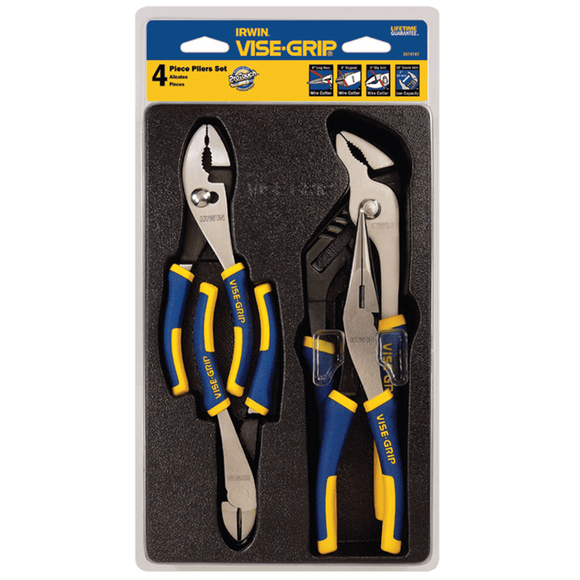 Irwin KX502078707 Vise-Grip Pliers Set - Model 2078707; 4 Pieces; Includes: 6" Diagonal Cutter, 6" Slip Joint, 8" Long Nose, 10" Groove Joint