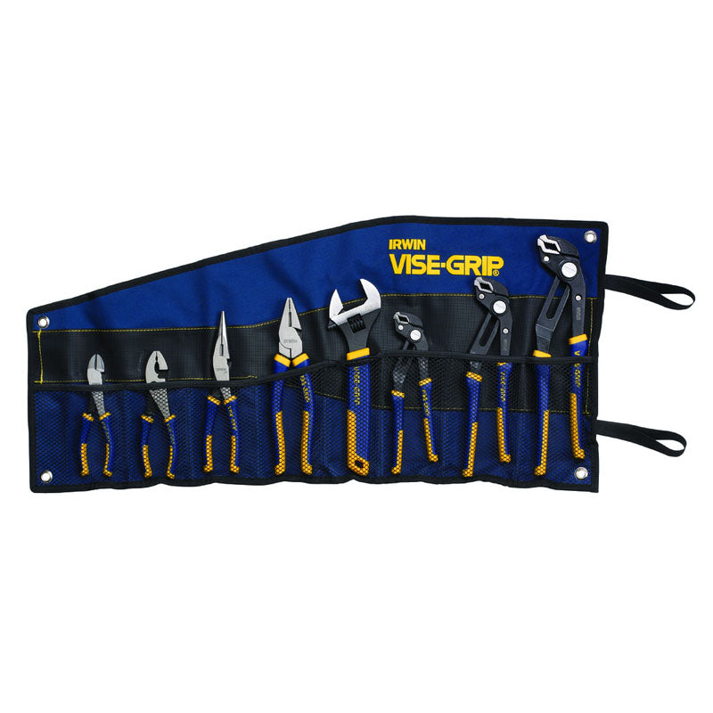 Irwin KX502078712 Irwin 8 Pieces Set - Vise Grip all purpose jaw grips on round, flat, sq and hex shapes. Press slide button quickly adjusts lower jaw for more groove positions. Soft ProTouch handles