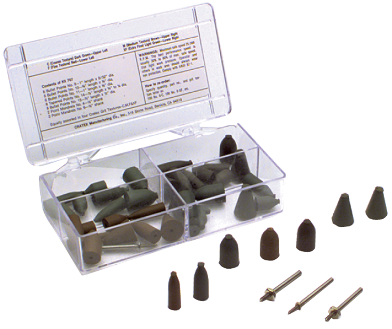 Cratex MG64767 #767 Resin Bonded Rubber Kit - Point & Mandrel - Various Shapes - Equal Assortment Grit