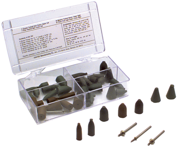 Cratex MG64767 #767 Resin Bonded Rubber Kit - Point & Mandrel - Various Shapes - Equal Assortment Grit
