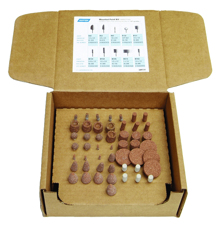 Norton Abrasives MH67MPK47669 50 pc 38A60-P 1/8" Spindle Pacesetter Mtd. Point Kit contains 5 each of B42, B52, B97, B122, B131, W154, W164, W185, W215 Pacesetter and W163 A80-HBF3