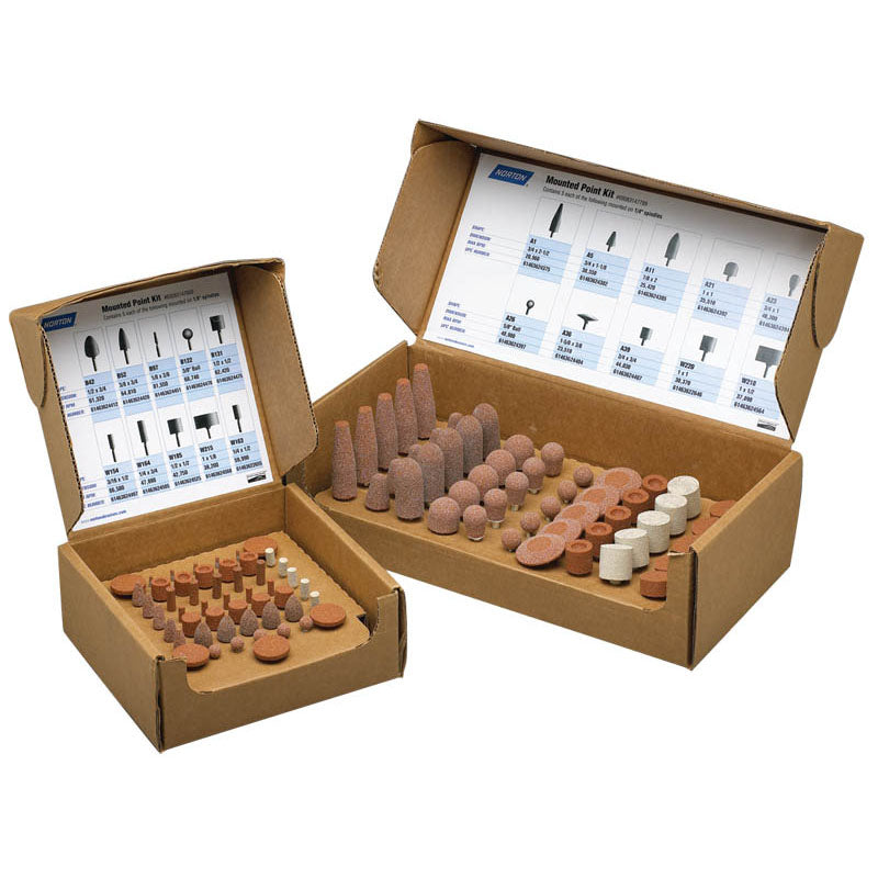 Norton Abrasives MH67MPK47789 50 pc 38A60-P 1/4" Spindle Pacesetter Mtd. Point Kit contains 5 each of A1, A5, A11, A21, A23, A26, A36, A39, W242 Pacesetter and 5 W220 A80-HBF3