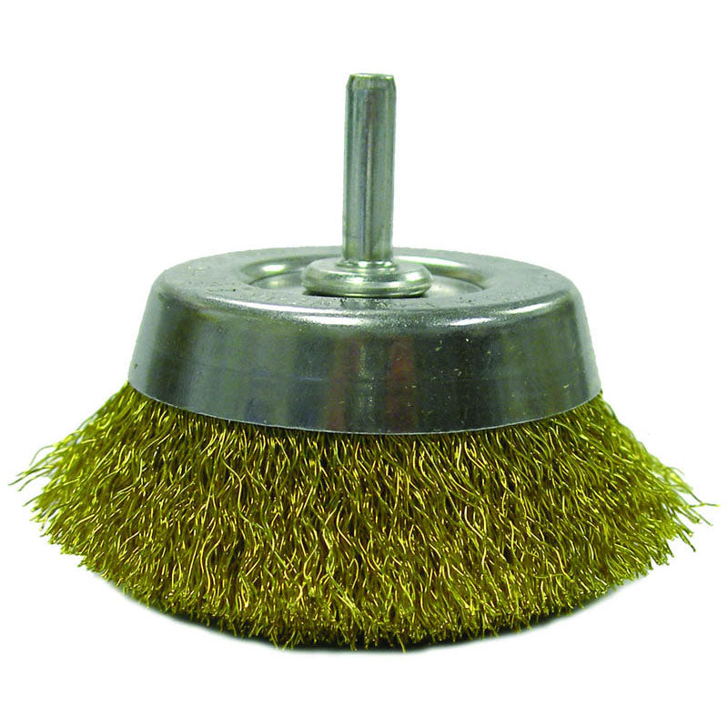 Weiler MK5114311 2 3/4" Crimped Wire Cup Brush-0.0118" Brass, 1/4" Stem - Non-Sparking Wire Wheel