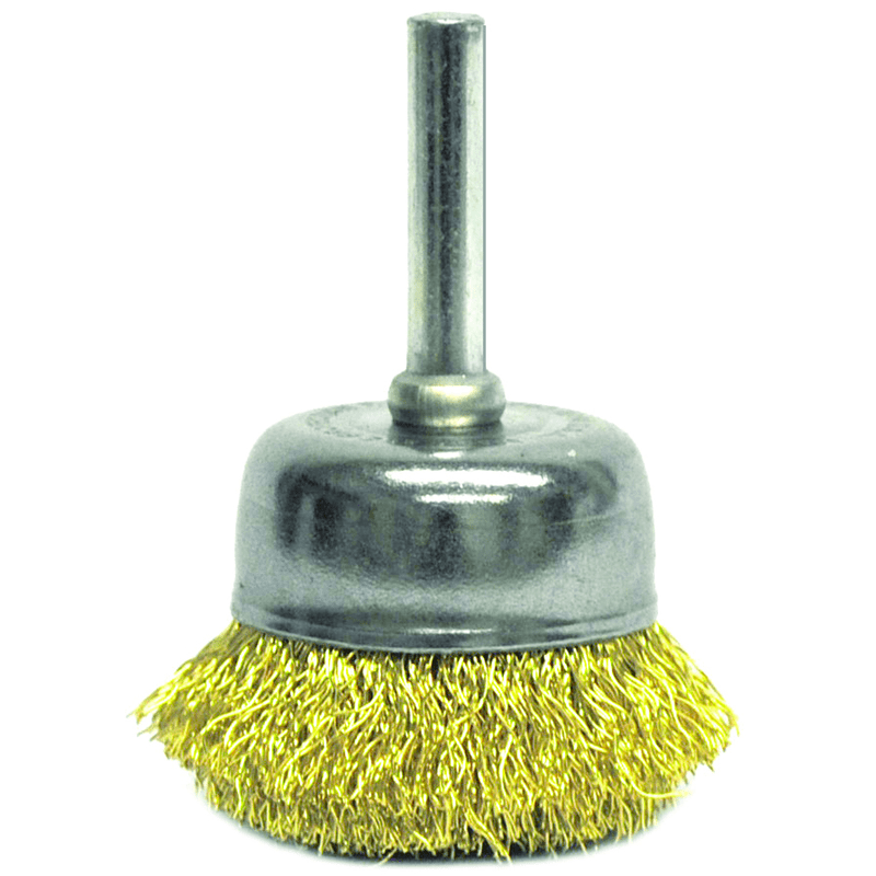 Weiler MK5114314 1 3/4" Crimped Wire Cup - Brush, 0.0118" Brass, 1/4" Stem - Non-Sparking Wire Wheel
