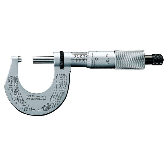 Starrett MV7050944 Model T230XRL-0-1" Measuring Range-0.0001" Graduation - Ratchet Thimble - Carbide Face - Outside Micrometer