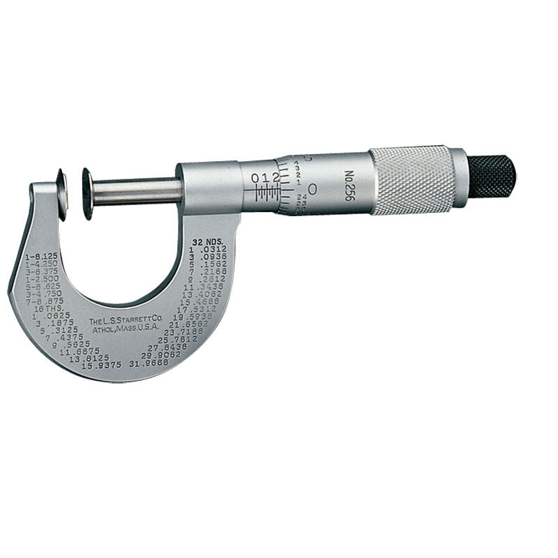 Starrett MV7051238 0-25 mm Measuring Range-0.01 mm Graduation - Ratchet Thimble - High Speed Steel Face - Disc Micrometer - Model 256MRL-25