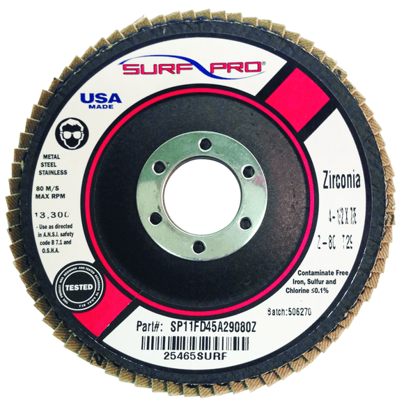 Surf-Pro SP11FD45A27036P 4 1/2" x 7/8"-36 Grit - Zirc Plus Coated Abrasive - Type 27 Flap Disc