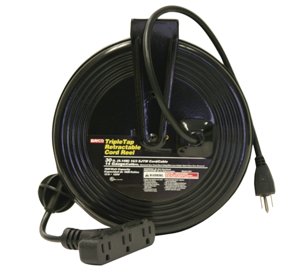 Bayco KE58SL801 30FT, 3-TAP, 14/3 SJT - Cord Reel