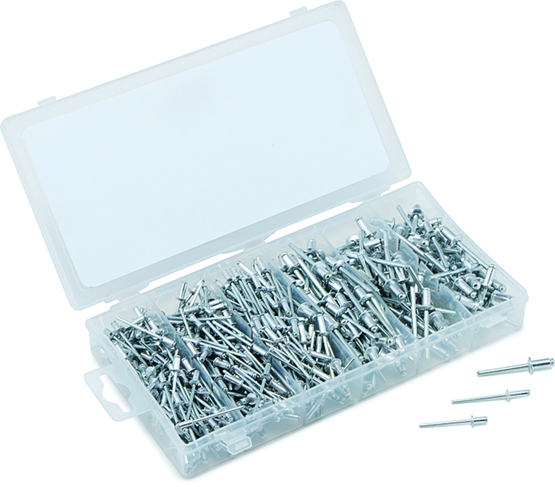 TEKZ KL5545228 500 Pc. Aluminum Rivet Assortment - rustproof aluminum rivet body; steel mandrel