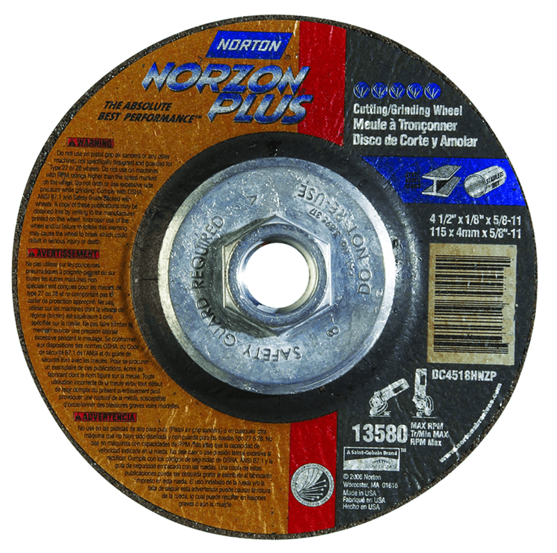 Norton Abrasives MH60040043323 4-1/2 x 1/8 x 5/8-11" - Ceramic / Zirconia Alumina Blend Norzon Plus - Depressed Center Wheel