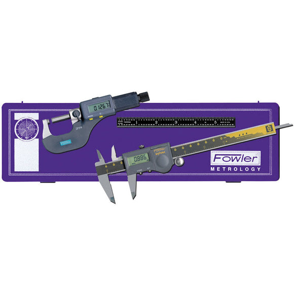 Fowler NA5554004854 Kit Contains: 0-6" IP54 Electronic Caliper With Direct RS-232 Output, 0-1" IP54 Electronic Micrometer, 6" 4R Steel Rule, Shop-Hardened Case - Water Resistant Electronic Measuring Set