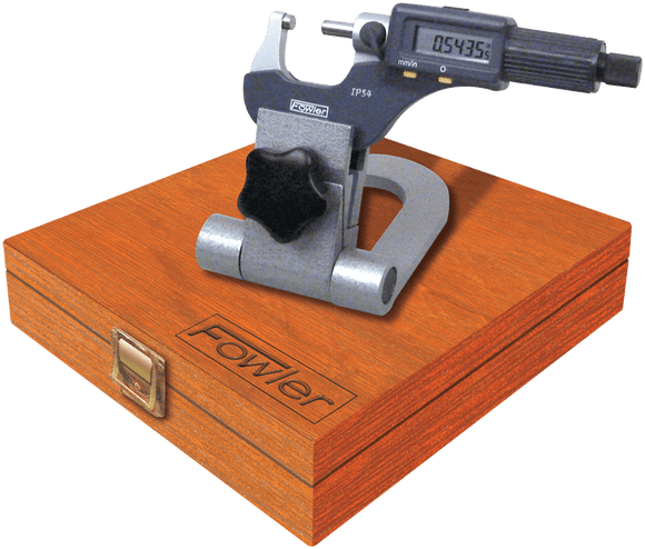 Fowler NA5554860777 Kit Contains: 0-1" IP54 Fluid Resistant Electronic Micrometer (54-860-001), Compact Folding Micrometer Stand (52-247-005), 2 Ball Attachments, Wooden Case - Micrometer Inspection Set