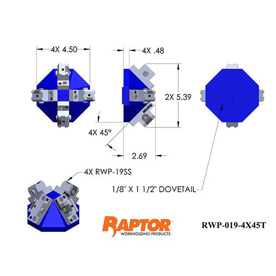 Raptor RWP-019-4X45T 45 degree tombstone 4 RWP-019SS Dovetail Fixtures with 1.5