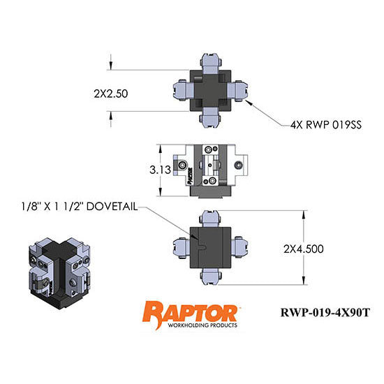 Raptor RWP-019-4X90T 90 degree tombstone 4 RWP-019SS Dovetail Fixtures with 1.5