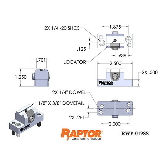 Raptor RWP-019-4X90T 90 degree tombstone 4 RWP-019SS Dovetail Fixtures with 1.5