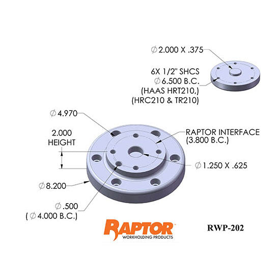 Raptor RWP-202 Aluminum Adapter Haas TR210, HRT210, HRC210 8.200