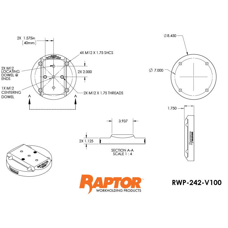 Raptor RWP-242-V100 Aluminum Riser Plate for RWP-502 Vise 8.450
