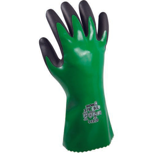 Showa SG2501545 Chemical resistant fully coated with nitrile foamed overdip green w/black seamless knitted liner 12? cuff/XX large ?379XXL-11