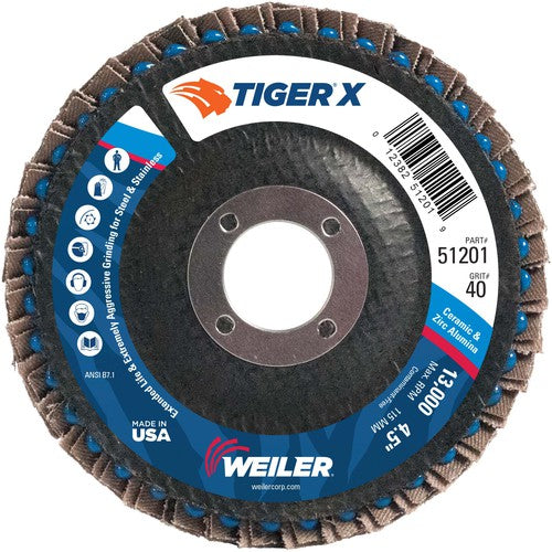 Weiler MK5151201 41/2" Diameter - Tiger X Flap Disc, Angled, Phenolic Backing, 40Z, 7/8" Diameter - Arbor Hole