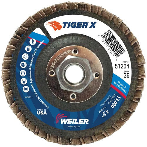 Weiler MK5151204 41/2" Diameter - Tiger X Flap Disc, Angled, Phenolic Backing, 36Z, 5/8" Diameter - 11 UNC Nut