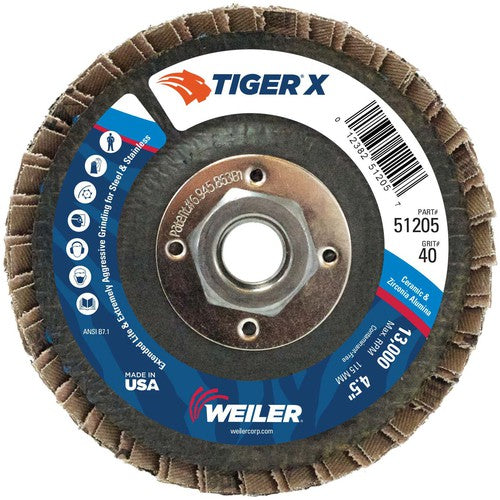 Weiler MK5151205 41/2" Diameter - Tiger X Flap Disc, Angled, Phenolic Backing, 40Z, 5/8" Diameter - 11 UNC Nut