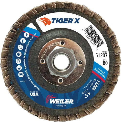Weiler MK5151207 41/2" Diameter - Tiger X Flap Disc, Angled, Phenolic Backing, 80Z, 5/8" Diameter - 11 UNC Nut