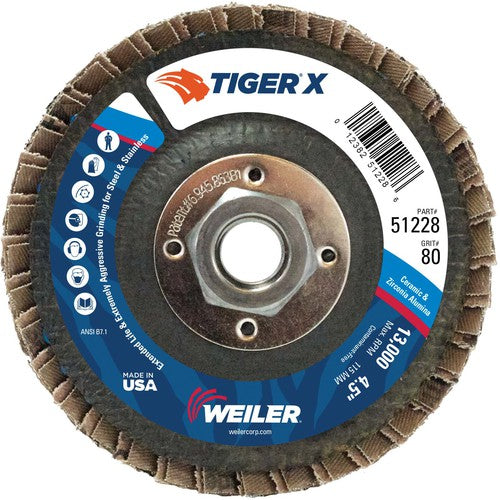 Weiler MK5151228 41/2" Diameter - Tiger X Flap Disc, Flat, Phenolic Backing, 80Z, 5/8"-11 Diameter - Arbor Hole