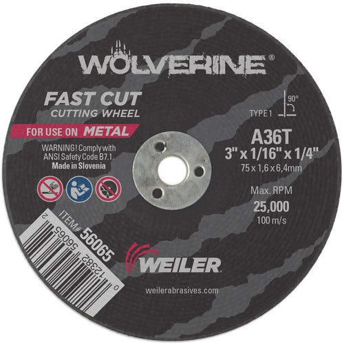 Weiler MK5156065 3"x1/16" Type 1 Cut-Off Wheel, A36T, 1/4" Arbor Hole
