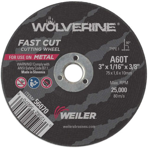 Weiler MK5156070 3"x1/16" Type 1 Cut-Off Wheel, A60T, 3/8" Arbor Hole