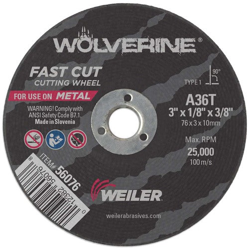 Weiler MK5156076 3"x1/8" Type 1 Cut-Off Wheel, A36T, 3/8" Arbor Hole