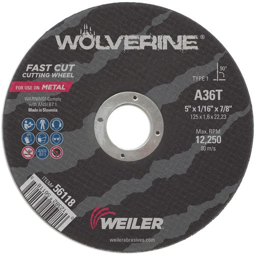 Weiler MK5156118 5"x1/16" Type 1 Cut-Off Wheel, A36T, 7/8" Arbor Hole