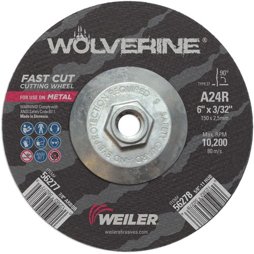 Weiler MK5156278 6"x3/32" Type 27 Cutting Wheel, A24R, 5/8"-11 UNC Nut