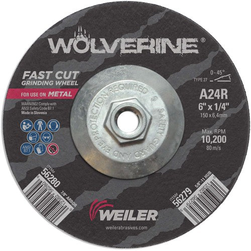 Weiler MK5156279 Vortec Pro 6"x1/4" Type 27 Grinding Wheel, A24R, 5/8"-11" UNC Nut
