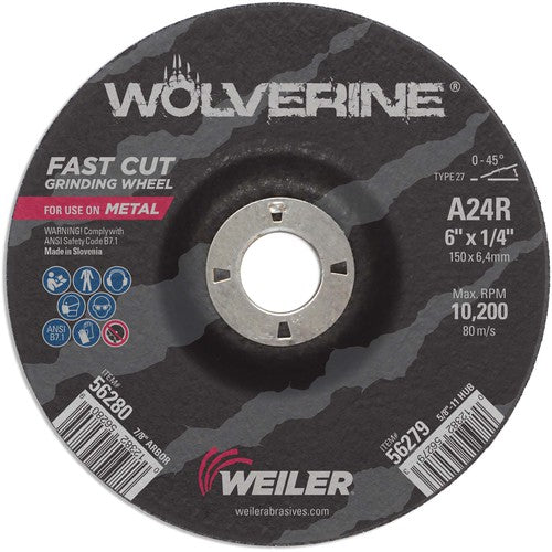 Weiler MK5156280 Vortec Pro 6"x1/4" Type 27 Grinding Wheel, A24R, 7/8" Arbor Hole