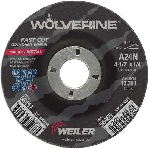Weiler MK5156457 Vortec Pro 4-1/2"x1/4" Type 27 Grinding Wheel, A24N, 7/8" Arbor Hole