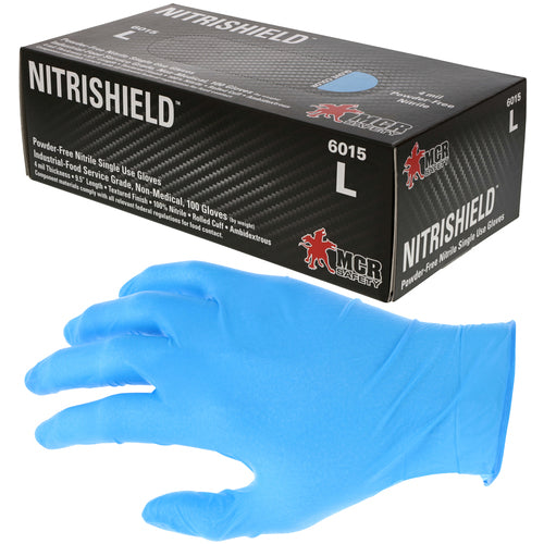 Memphis KB516015M NitriShield Gloves - 4 mil Blue Nitrile Industrial/Food Service Grade - Textured Grip - Powder Free - Box of 100 - Size Medium