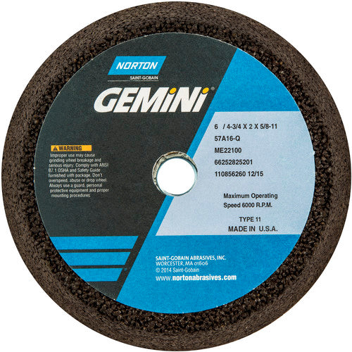Norton Abrasives MH60060025201 6" / 43/4" x 2" x 5/8"-11 Gemini Snagging Wheel Type 11 Flaring Cup 16 Grit Aluminum Oxide