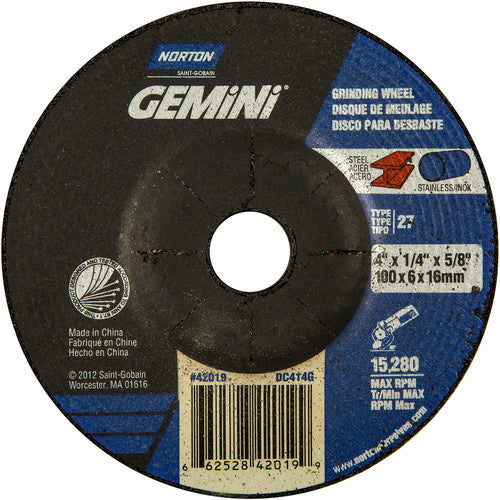 Norton Abrasives MH60040042019 4 x 1/4 x 5/8" Gemini Grinding Wheel A 24 S BDA Type 27