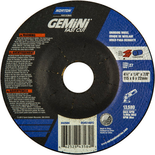Norton Abrasives MH60040043584 4-1/2x1/4x7/8" Gemini Fast Cut Grinding Wheel A 24 N BDA Type 27