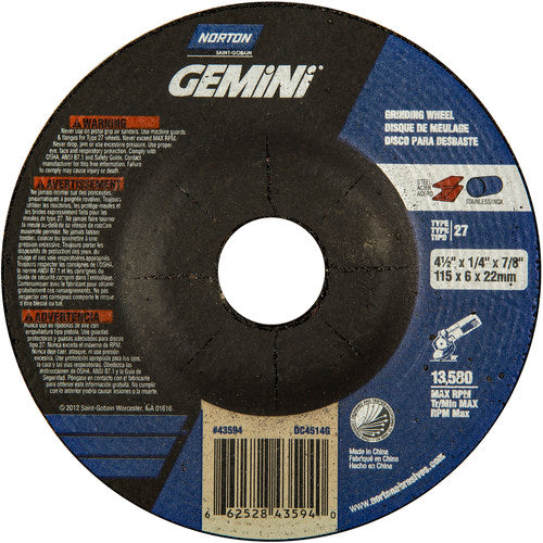 Norton Abrasives MH60040043594 4-1/2 x 1/4 x 7/8" Gemini Grinding Wheel A 24 S BDA Type 27