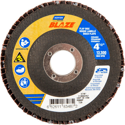 Norton Abrasives MH61FD0483487 4-1/2 x 7/8" Blaze Fiberglass Conical Flap Disc Type 2940 Grit R980P Premium Ceramic Alumina