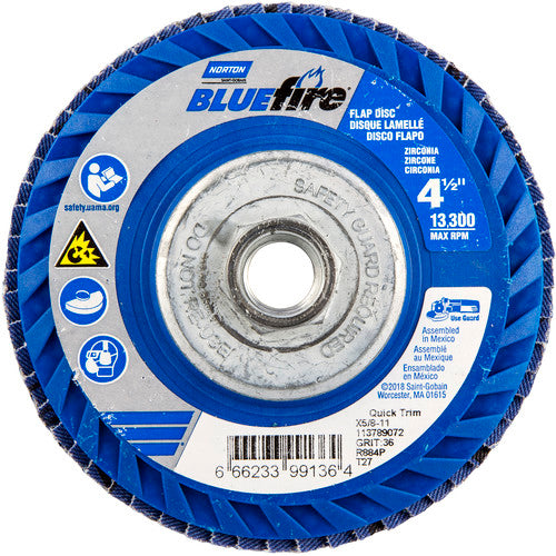 Norton Abrasives MH61FD0499136 4-1/2 x 5/8 - 11" BlueFire Plastic Flat Flap Disc Type 27 P36 Grit R884P Zirconia Alumina