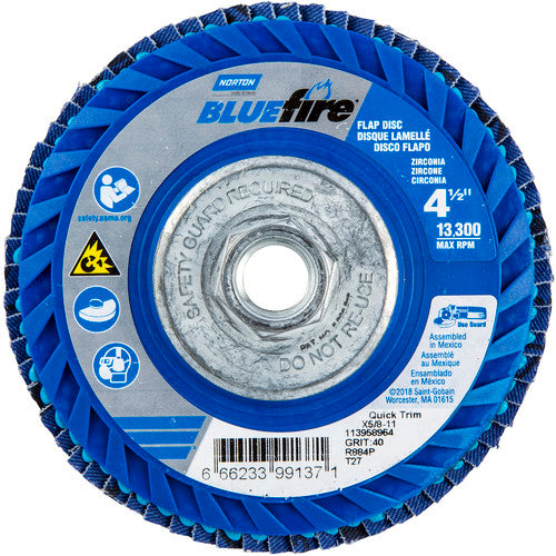 Norton Abrasives MH61D040099137 4-1/2 x 5/8 - 11" BlueFire Plastic Flat Flap Disc Type 27 P40 Grit R884P Zirconia Alumina