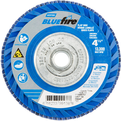Norton Abrasives MH61FD0499138 4-1/2 x 5/8 - 11" BlueFire Plastic Flat Flap Disc Type 27 P60 Grit R884P Ceramic Alumina