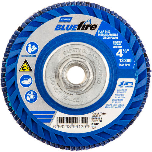 Norton Abrasives MH61D040099139 4-1/2 x 5/8 - 11" BlueFire Plastic Flat Flap Disc Type 27 P80 Grit R884P Ceramic Alumina