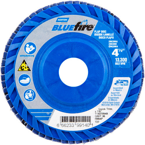 Norton Abrasives MH61FD0499140 4-1/2 x 7/8" BlueFire Plastic Flat Flap Disc Type 27 P36 Grit R884P Zirconia Alumina